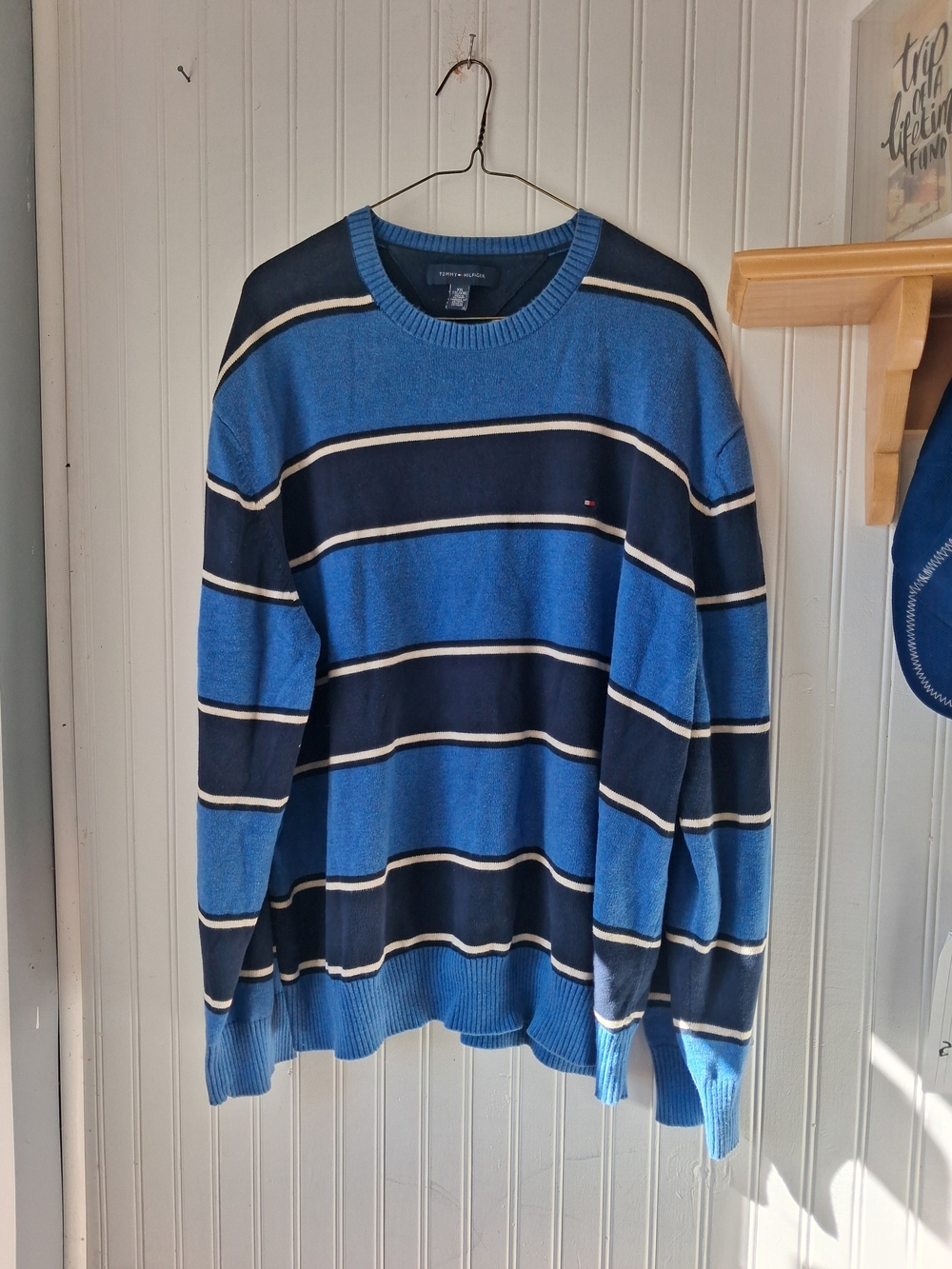 Tommy Hilfiger Blue and Navy Striped Crewneck Sweater